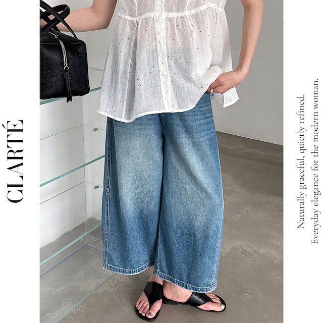 ウォッシュ加工 ベルト付き ハイウエスト クロップドワイドデニムパンツ（全1色）C0176