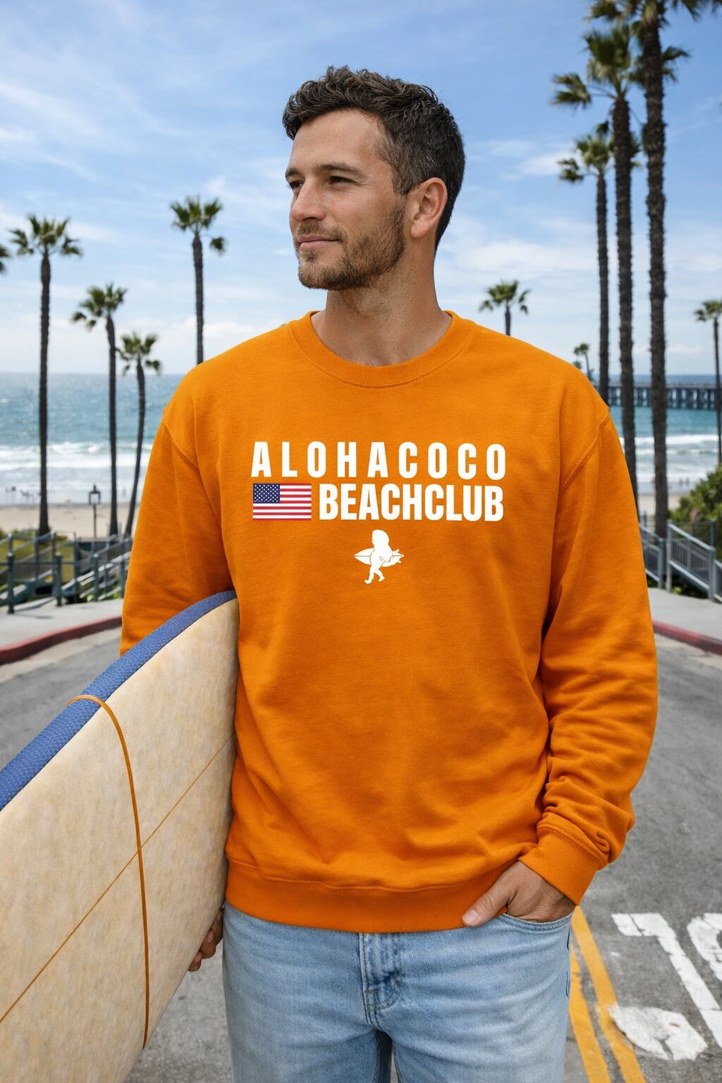 ALOHACOCO USA国旗UNISEXトレーナー(オレンジ)