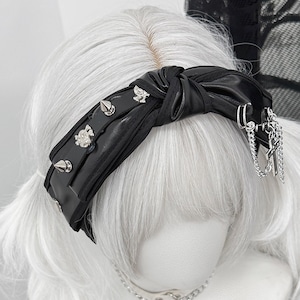 ツイストスタッズチェーンPUリボンカチューシャ(lli_6194)