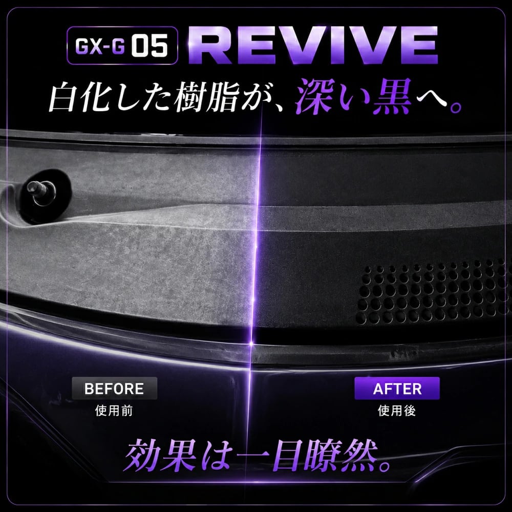 自動車用未塗装樹脂コーティング剤 白化した樹脂パーツの黒艶復活 深い黒・UV保護 20mL 脱脂シャンプー・クロス・スポンジ付 Glaxis GX-G05 REVIVE