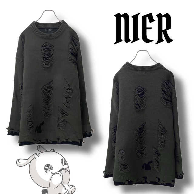 高品質×厚手DAMAGE LAYERED SWEATER【ひょっこりNIER】