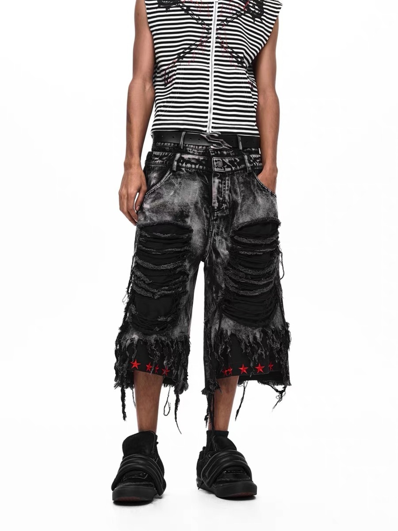 【STARTEXCEEDEND】DOUBLE WAIST DISTRESSED FRINGE JORTS