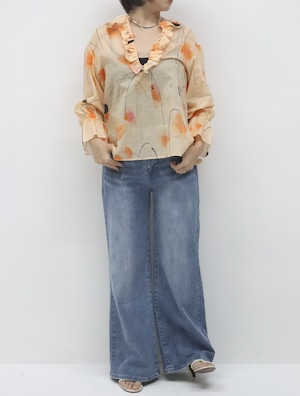 コットンボイルフラワープリントフリルブラウス(オレンジ)