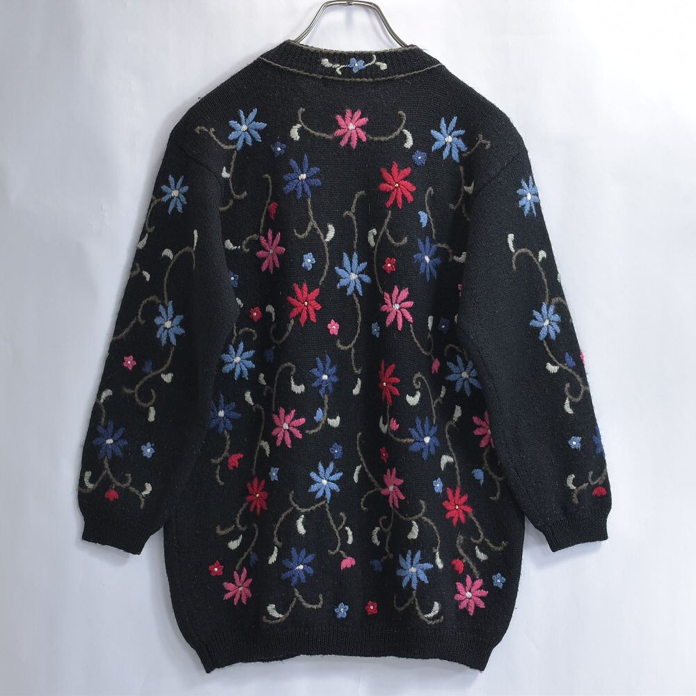 80～90s Bel-Sogno お花 総刺繍デザイン ウールニットカーディガン