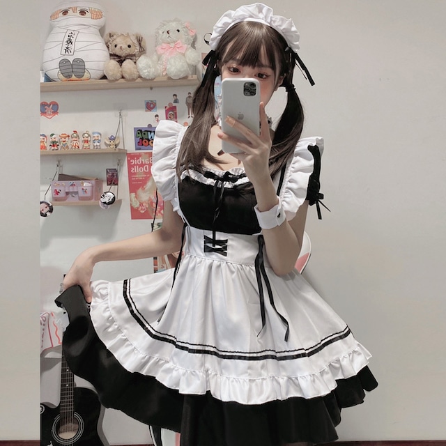 メイド服 ペプラム 可愛い Lolita ボウタイ ロリータ ブラック S M L XL