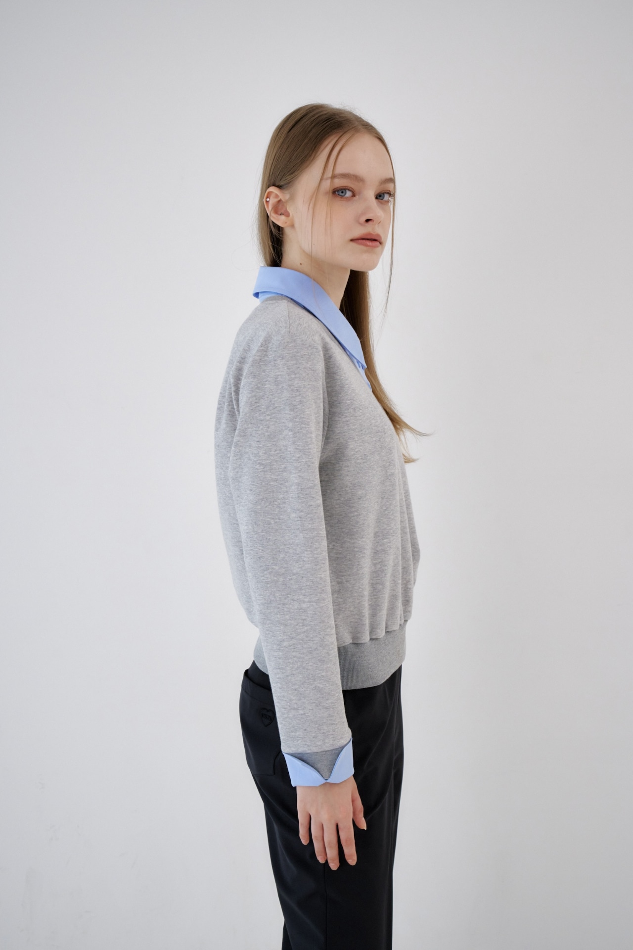 GOXO ゴーエックスオー スマイルハートシャツVネックマンツーマン メランジグレー