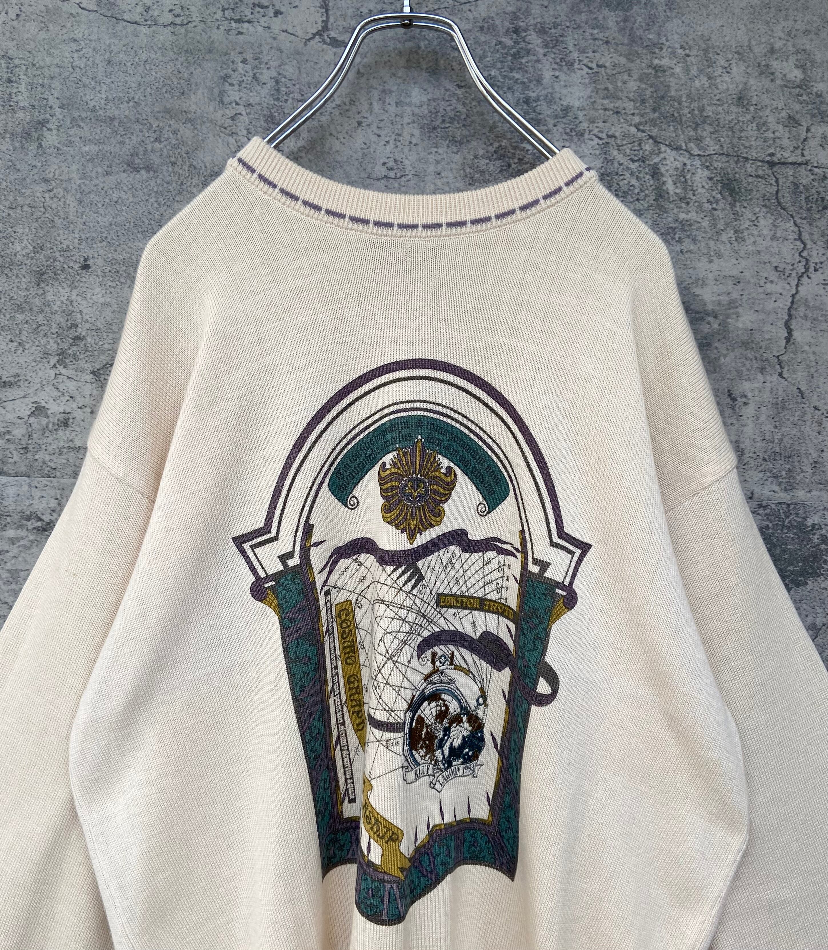 90s vintage デザインニット 地球儀 XL セーター 刺繍 ホワイトベージュゆるだぼ