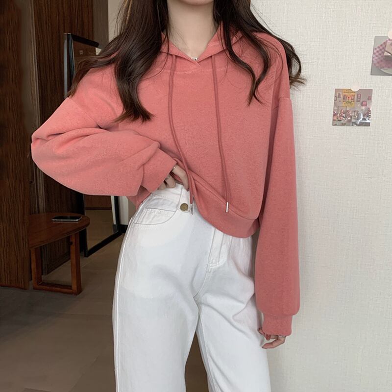 スプリングオータムルーズフードセーター ショートトップス ピンク ストリート 春物 秋物 スーパーモール36605517221