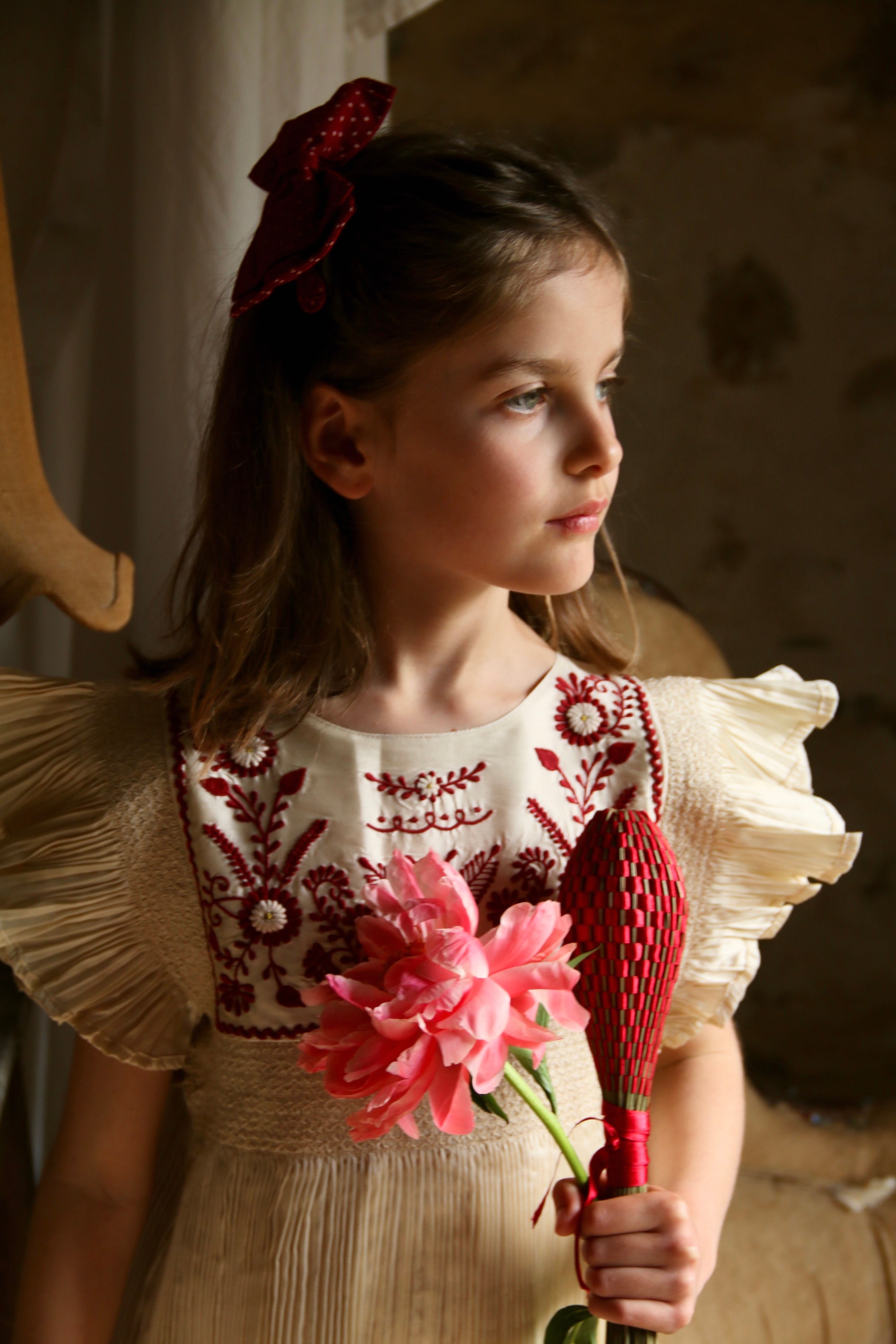 BONJOUR DIARY Dress pleated ivory taffetas 2-6y | RESONASON