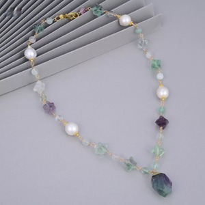 ナチュラルホワイトケシパールネックレスグリーンフローライトペンダントnl-432901