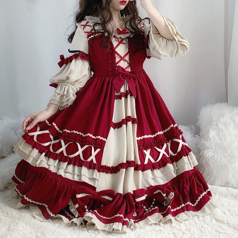 SEASONZ 甘ロリ 可愛い ワンピ ハイウエスト クロス編み上げ 袖