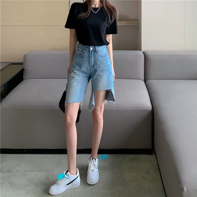 ジーンズ ハイウェストウェスト薄手ルーズショーツ サマーパンツ 夏物 ブルマー ブラックストロベリース71768396894