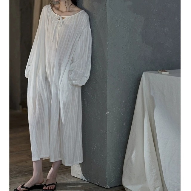 【M-XL】deep v-neck stripe white room wear p1711
