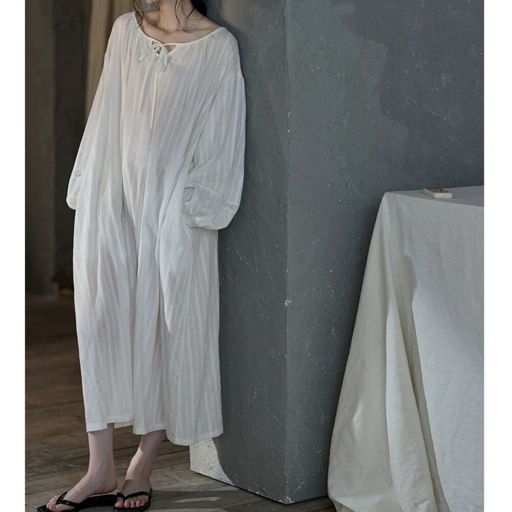 【M-XL】deep v-neck stripe white room wear p1711
