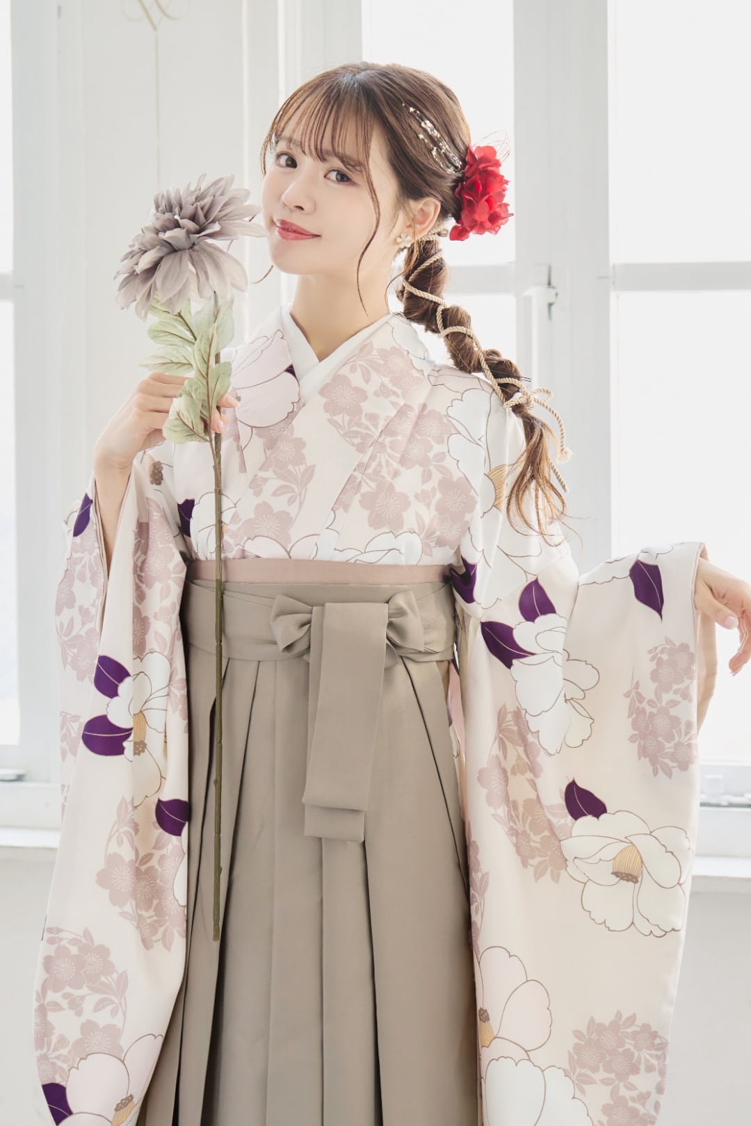 【袴3点set】白大椿柄×葉:紫(ベージュ)51MC