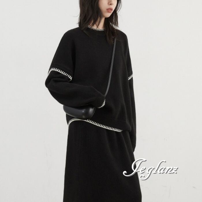 2色 セットアップ 2点 ニット 配色 ドロップショルダー スカート(MA976)λ