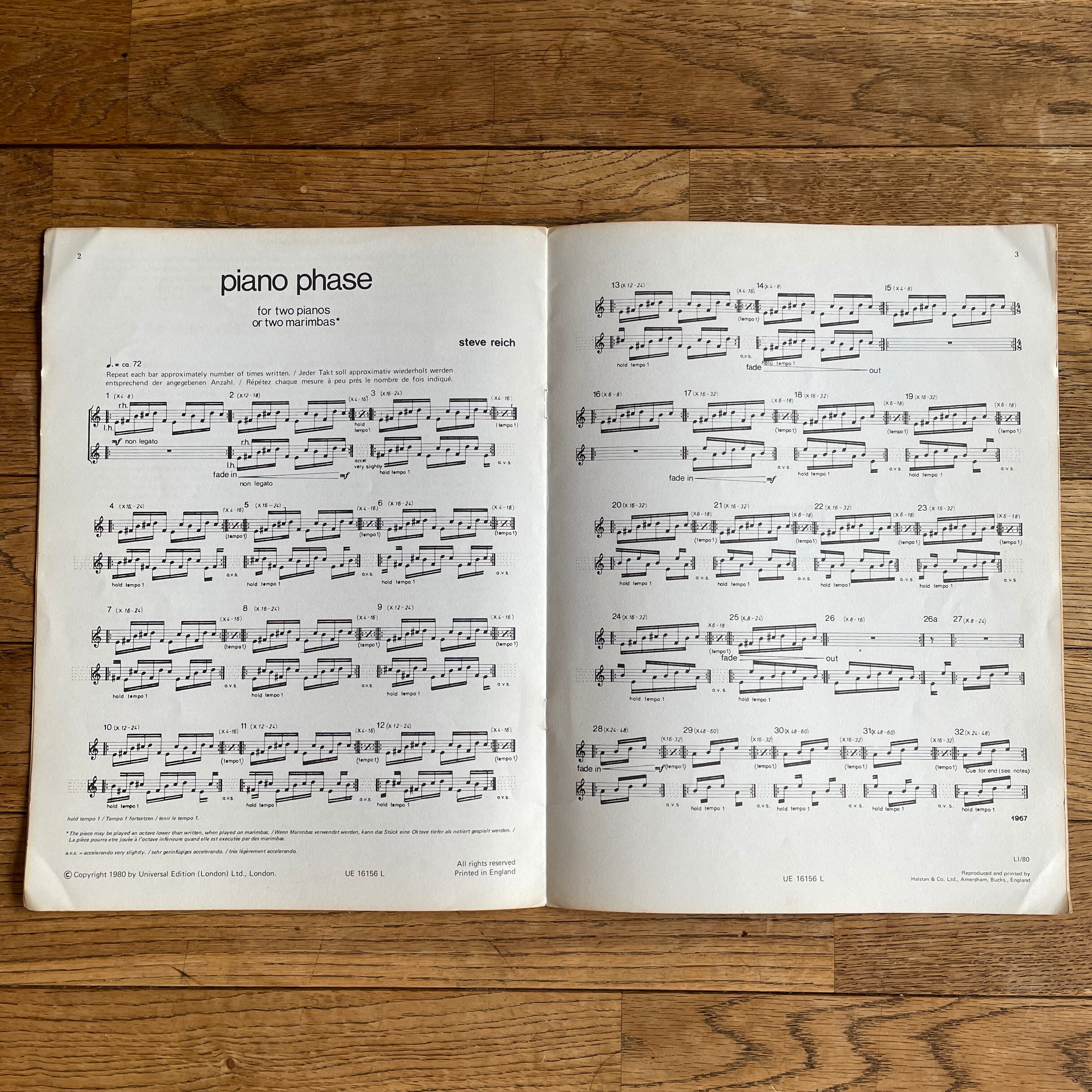 絶版洋古書・楽譜】スティーブ・ライヒ Steve Reich Piano Phase 