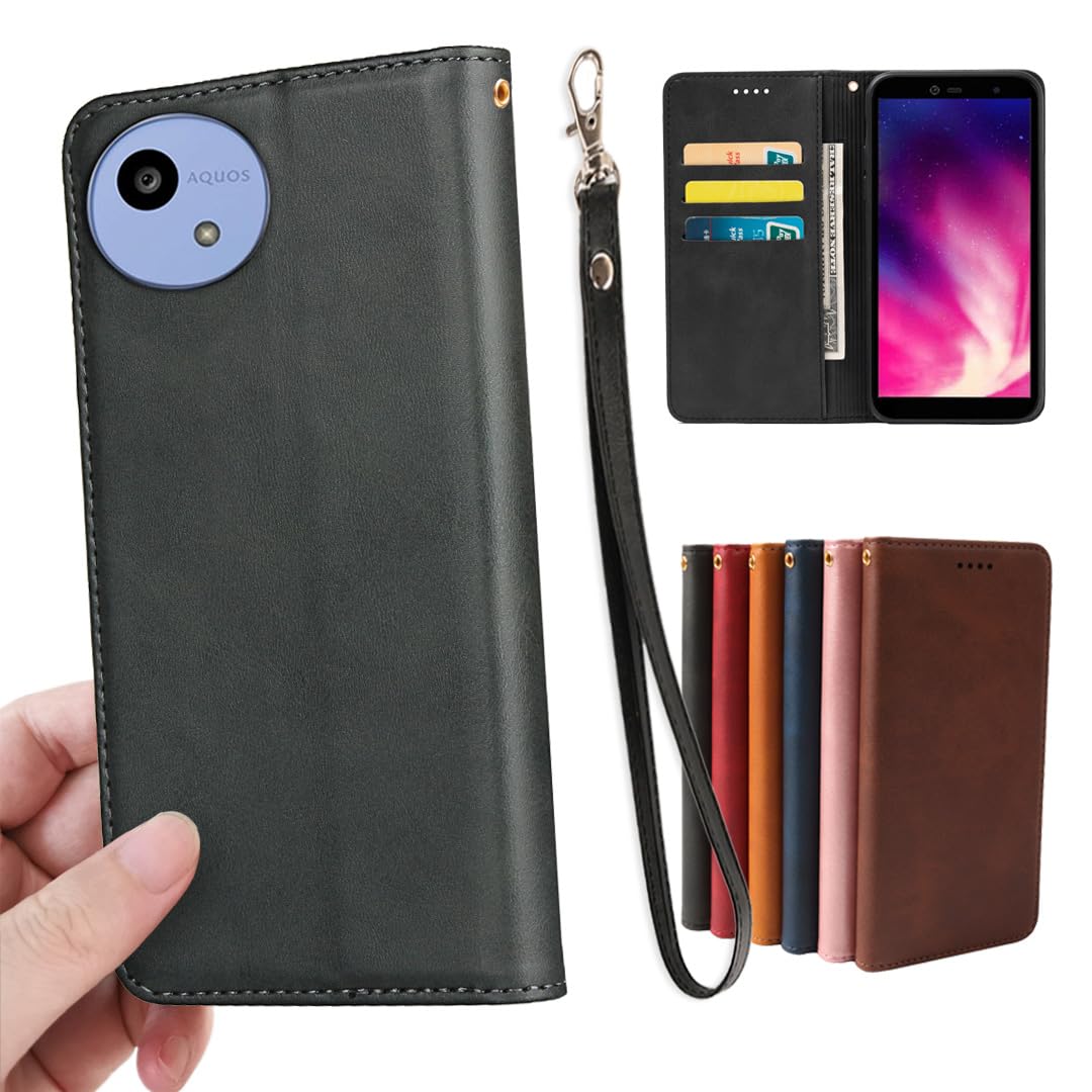 AQUOS Wish5 SH-52F SH-M32 ケース 手帳型 ストラップ 同梱 適用 アクオス ウィッシュ5 手帳型ケース ウィッシュ5ケース Aquoswish5 カバー 手帳 Aquoswish5ケース ウィッシュ5 手帳型カバー wish5 case 【GoKIGIoD】 財布型 内蔵マグネット 弱磁 カード収納 ストラップホール スタンド機能 耐衝撃 レトロ ブラック