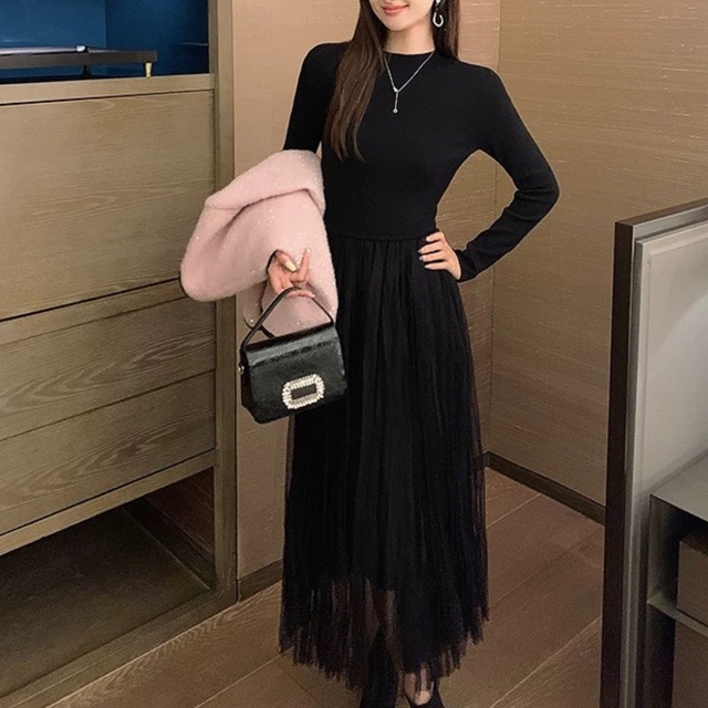 チュールレイヤードロングワンピース　W00382