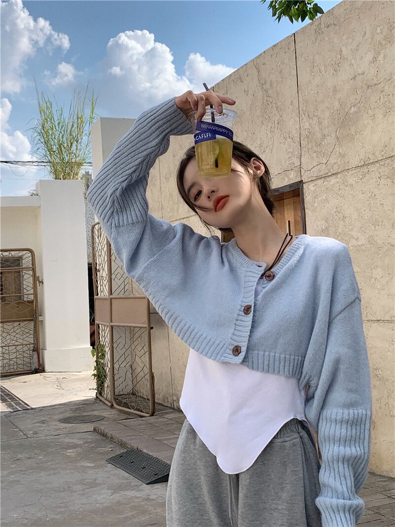 ニットセーター ショートスリムブルーカーディガンジャケット オータムブラウス トップス ロング 秋物 ブラックストロベリース35548185053