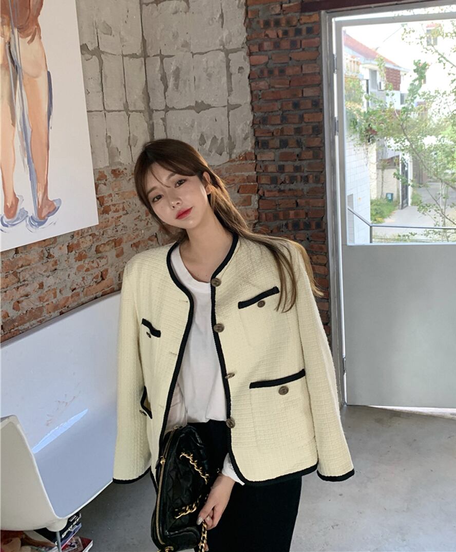 スタイルツイードスモールコートレディース2020年秋新作ルーズ長袖カジュアルトップストレンド ブラックストロベリース42509537814