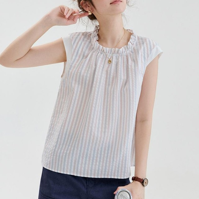 striped ruffle neck blouse