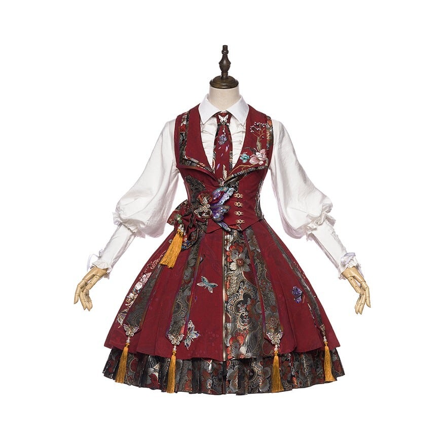 深紅に舞う蝶と牡丹の余韻 中華ロリータJSK 刺繍切替デザイン|WithU