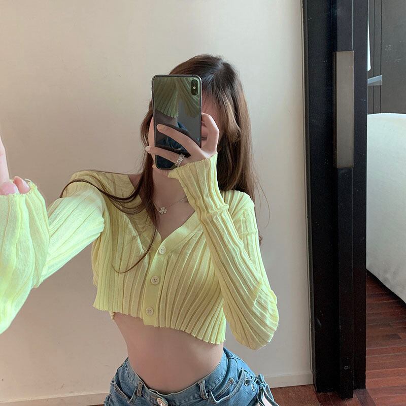 ストライプVネックショート長袖ニットカーディガンジャケットレディース2020年初秋新作アウターシンブラックトップス ブラックストロベリース64471324578