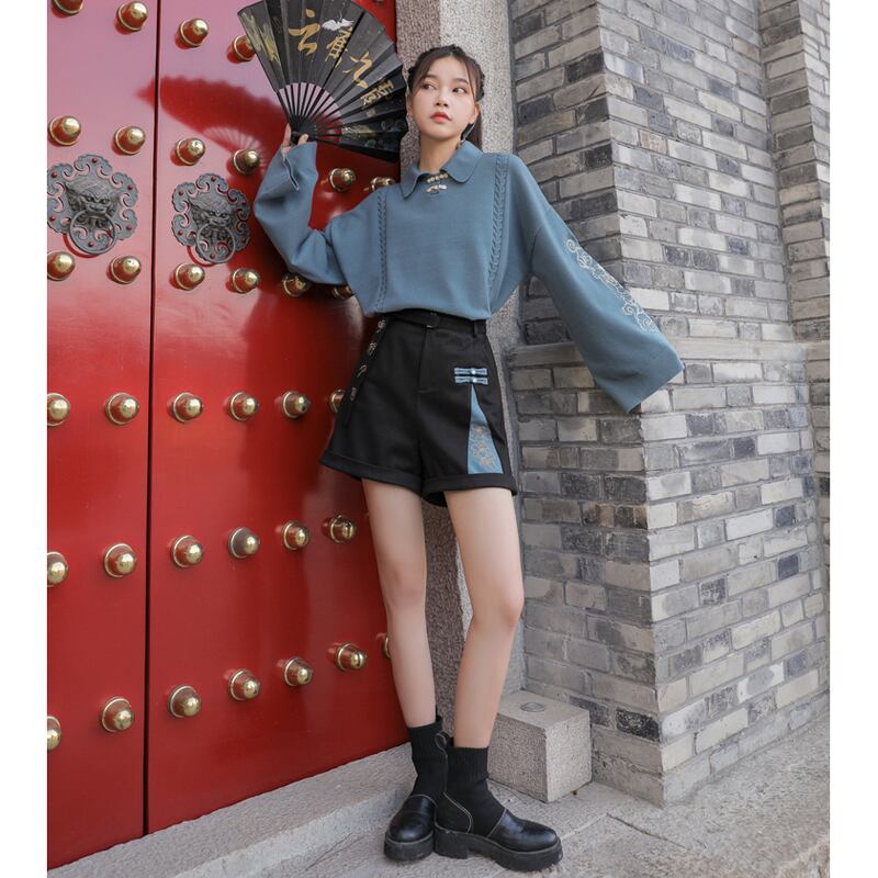 森女部落シリーズ チャイナ風ショートパンツ チャイナ服 中華服 可愛い ブラック 黒 合わせやすい Elegant