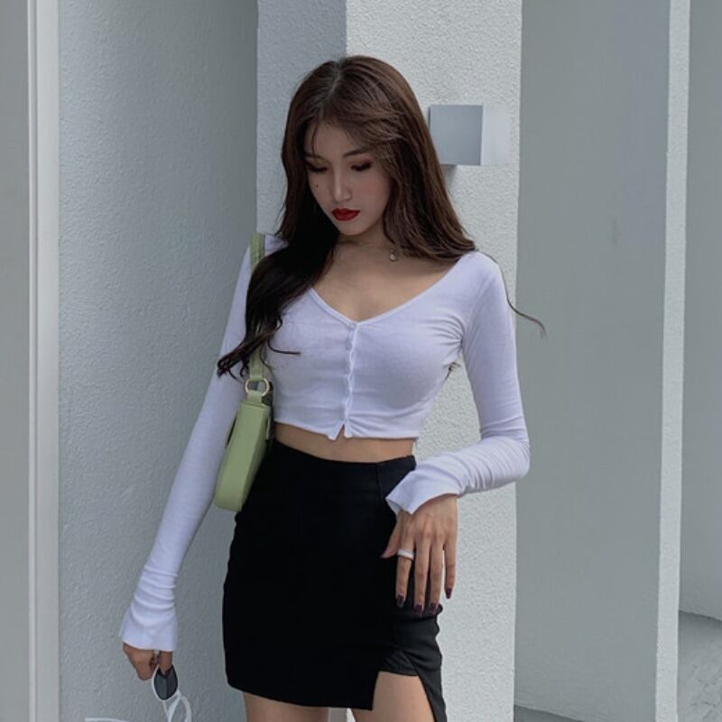 ショートタイトフィット長袖VネックホワイトTシャツレディース2020年秋冬新作スリムフレンチインナートップボトミングシャツトレンド YY-ファッション1188239513