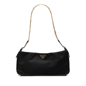 プラダ 三角ロゴプレート チェーン ショルダーバッグ ブラック ゴールド ナイロン レザー レディース PRADA 【中古】