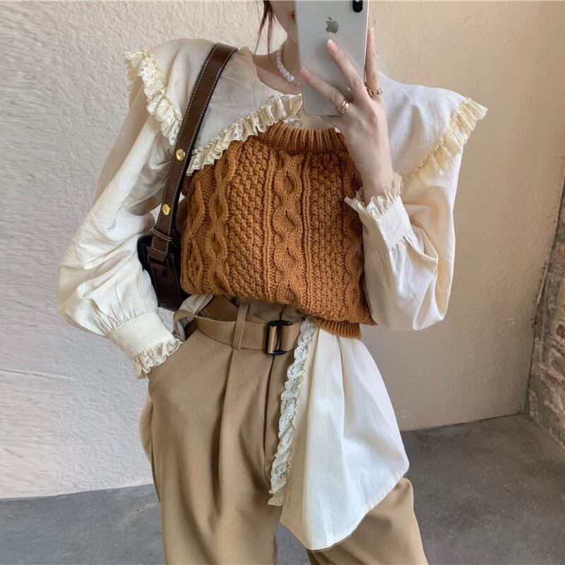 スタイルレディーススタンダードニットレースシャツ ハイウェストウェストワイドレッグパンツ レトロ ワイドパンツ 萌量不足44129544491