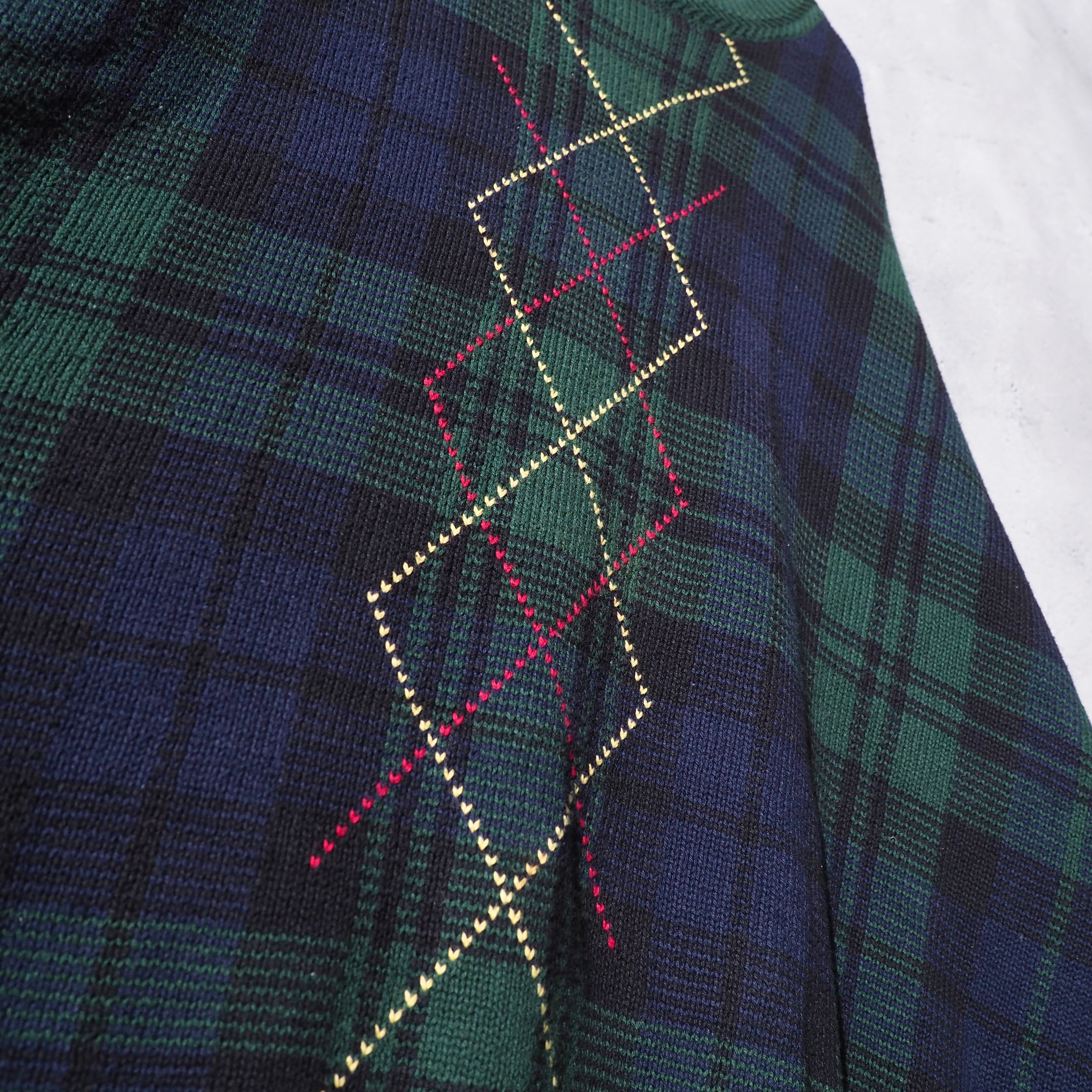 1990s " Nautica " Green check × Love Rhombus vintage loose knit