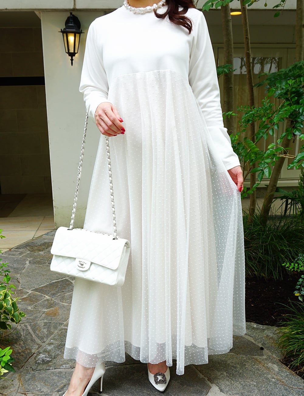 フロッキードットチュールフリ ル使いローンワンピース フロッキードットチュールロングワンピースース off white | amin pur