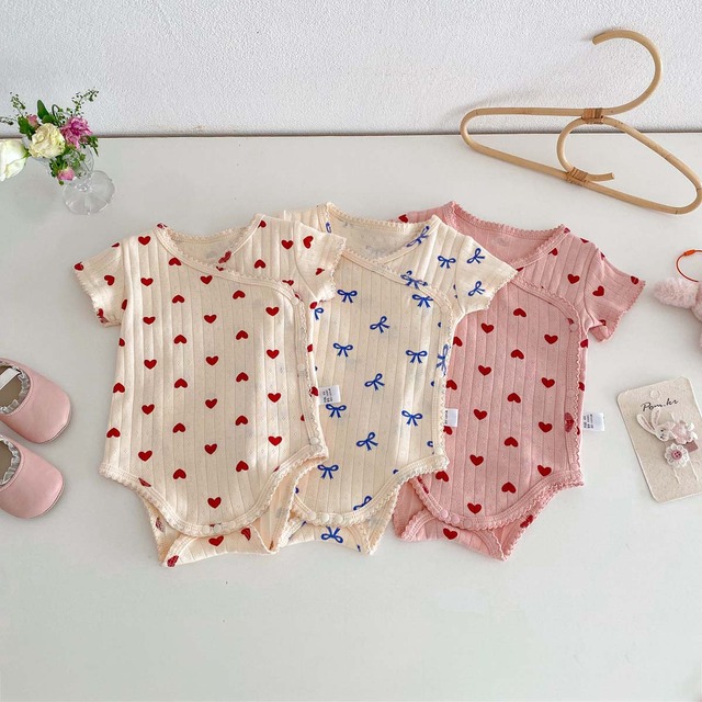 【BABY】ハートリボン総柄半袖前開きロンパース - 9