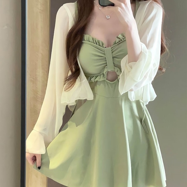 水着 シック カバー 3点セット 送料無料 Aライン ワンピース キャミソール フリル カットアウト カーディガン ブラウス シフォン 透け感 スイムウェア かわいい 大人可愛い きれいめ 大人 大人っぽい ラブリー キュート 夏 海 ビーチ プール リゾート トレンド 流行 10代 20代 30代 40代 50代