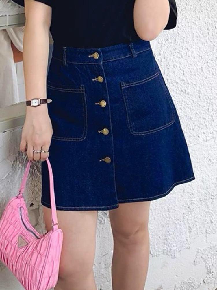 ロングシーズン活躍できる優秀アイテム フロントボタンデニムミニスカート ミニ丈 定番 シンプル ボタン ポケット カジュアル 可愛い おしゃれ 細見え 美脚 大きいサイズ 韓国 CH9908