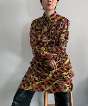 【送料無料】60's-70's gold metallic check dress