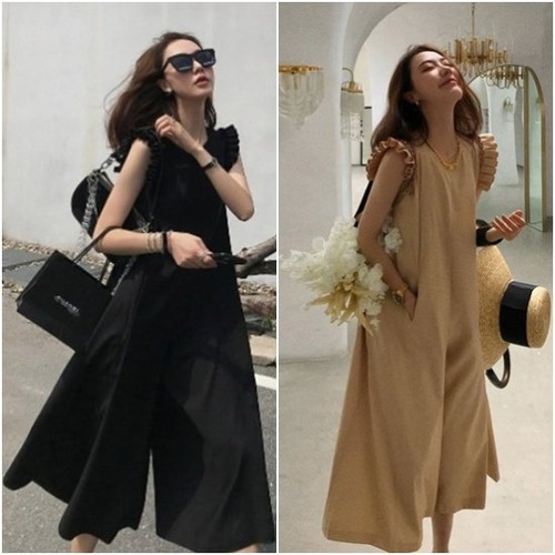 オールインワン 夏 レディース ワイドパンツ ノースリーブ ジャンプスーツ オールインワン 夏 ノースリーブ 肩フリル セットアップ スーツ  ベージュ 黒 ガーリー おしゃれ ジャンプスーツ フリル