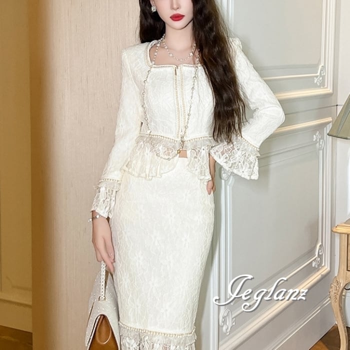 セットアップ 2点 レース 刺繍 パール 短め丈 トップス スカート(MB092)κ