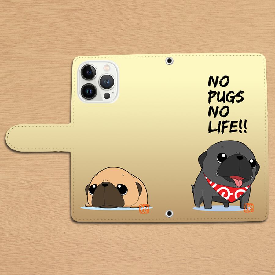 スタンド付き 両面印刷 手帳型 iphone/Androidケース かわいいパグ③ フォーン・黒パグ