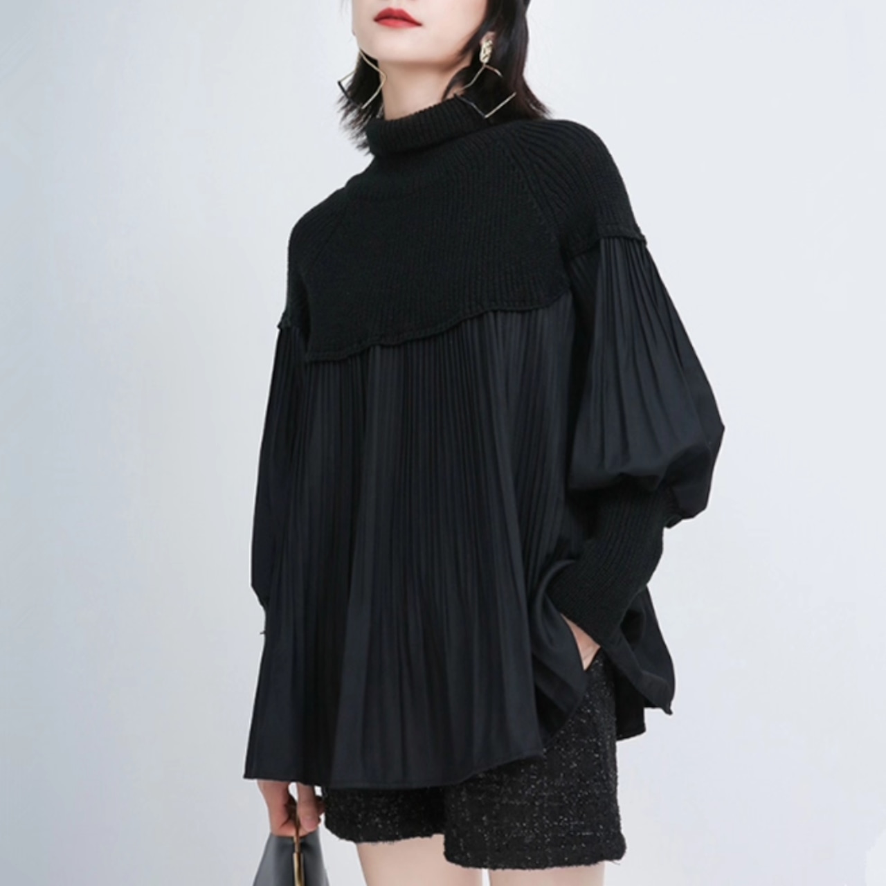 High-neck pleated knit sweater(ME013)