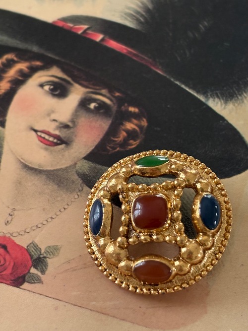 Vintage ボタン ヴィンテージボタン 七宝焼 メタル インポートボタン ゴールド×マルチカラー 30mm アクセサリーパーツ デコレーション材