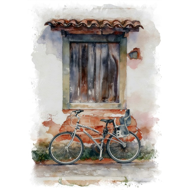 絵画 ブラジル リオデジャネイロ 窓の前の自転車 インテリアアート額付き 水彩画・油絵調 WAT0733