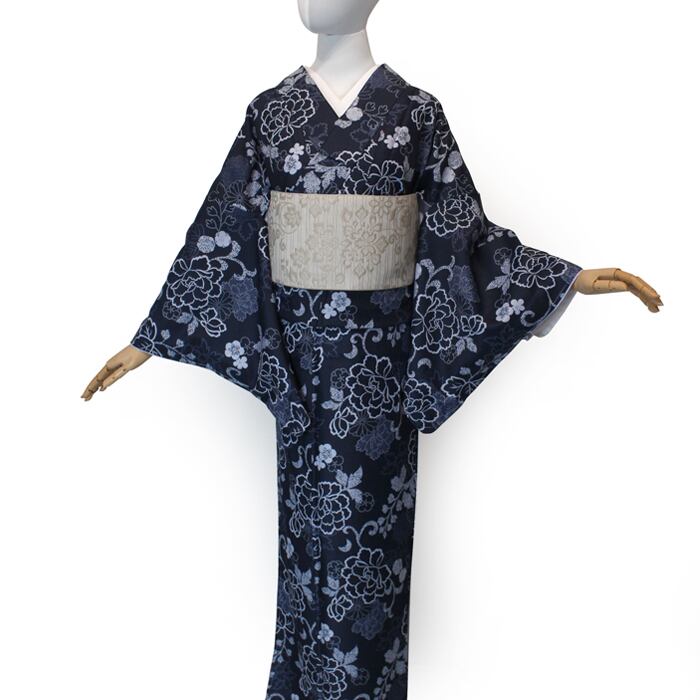 小紋 洗える着物 袷 秋 冬 きもの 紺 藍色 牡丹 紬風デザイン 花柄 身丈160㎝ 裄66㎝ ポリエステル 新品