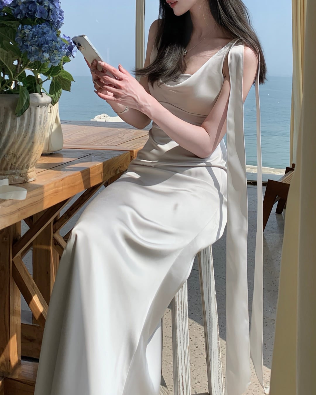 サテンリボンロングワンピース A25373