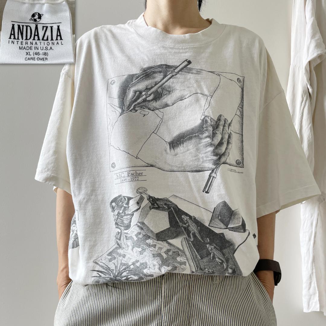 GF746 90s Tシャツ マルチプリント エッシャー アート ヴィンテージ  