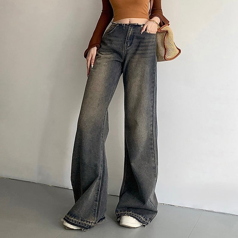wide-leg cut-off washed loose denim pants la2347
