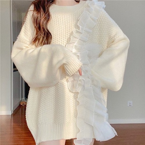 ニット トップス フリル ラウンドネック 長袖 編み込みニット ルーズ レディース プルオーバー ニットセーター フリル レース レディース 無地 かわいい 体型カバー 夏 大きいサイズ ゆったり