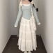 【2点セット】アシメリボンオフショルトップス+ティアードマキシスカート ・78913